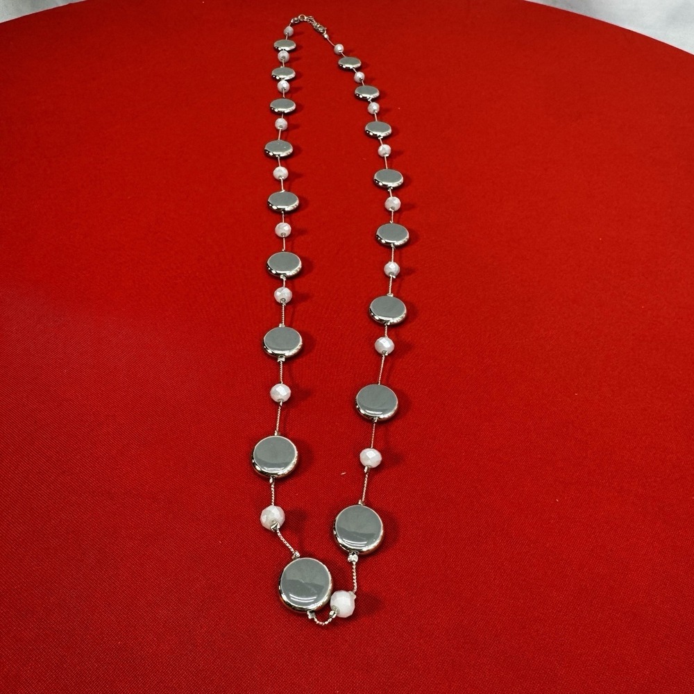 Y2K Silver Tone Long Necklace With Gray Enamel Circles